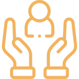 Hands holding a person icon, black background.